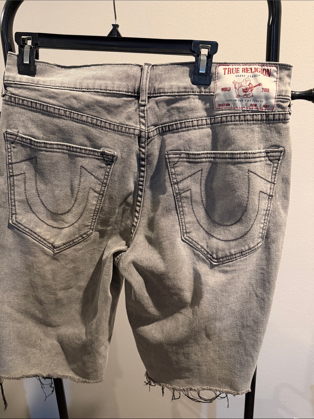 True Religion Men's Light Gray Denim Ricky Shorts with Signature Back Pockets
